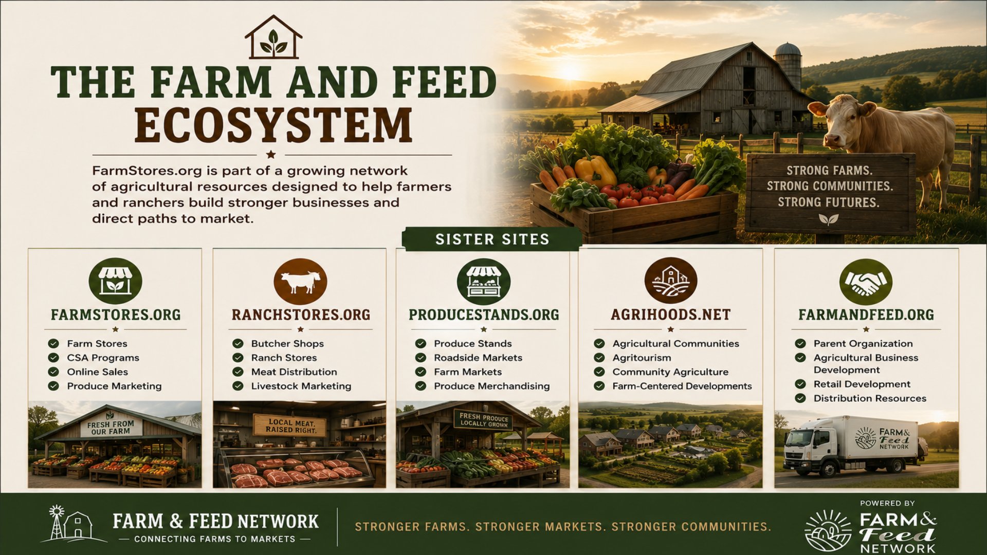 The Farm and Feed Ecosystem: sister sites RanchStores.org, ProduceStands.org, AgriHoods.net, and FarmandFeed.org