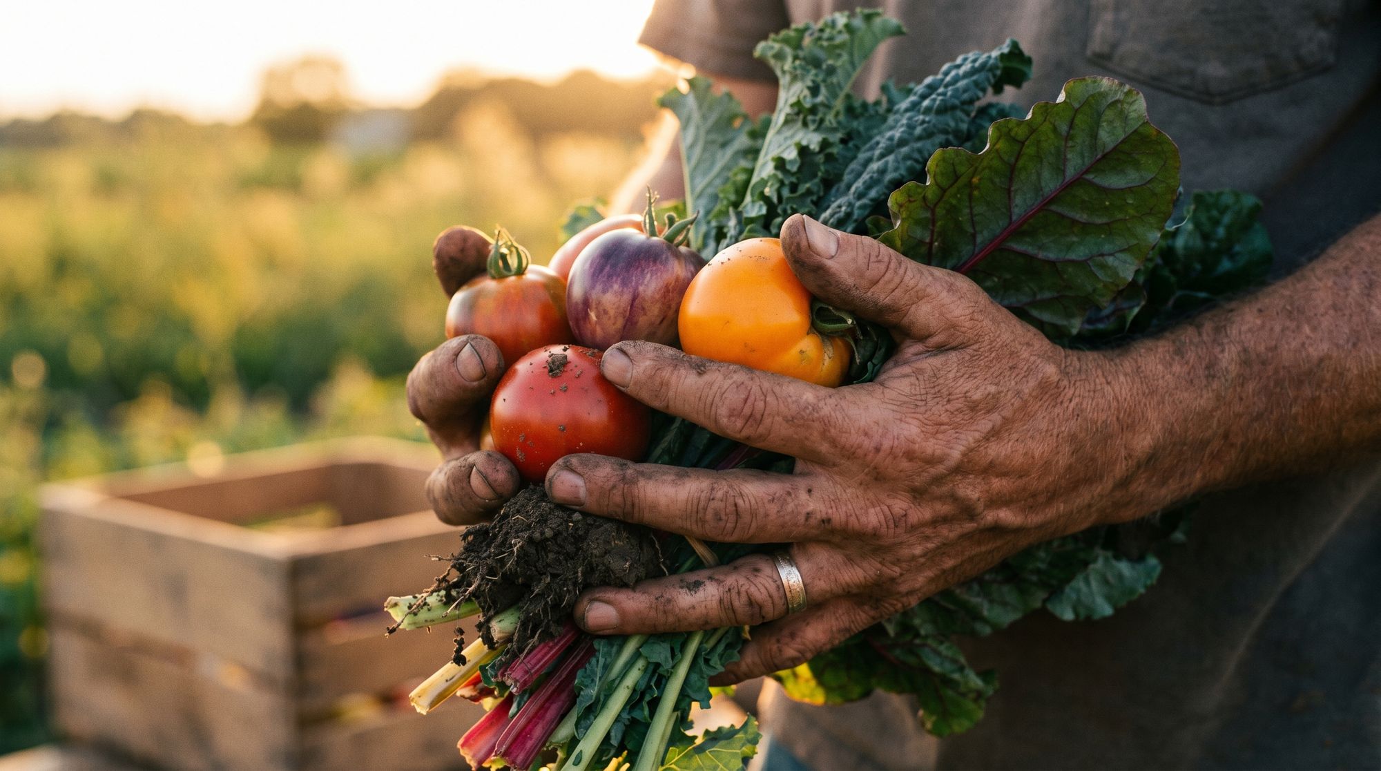 A farmer's weathered hands holding just-picked heirloom vegetables at golden hour