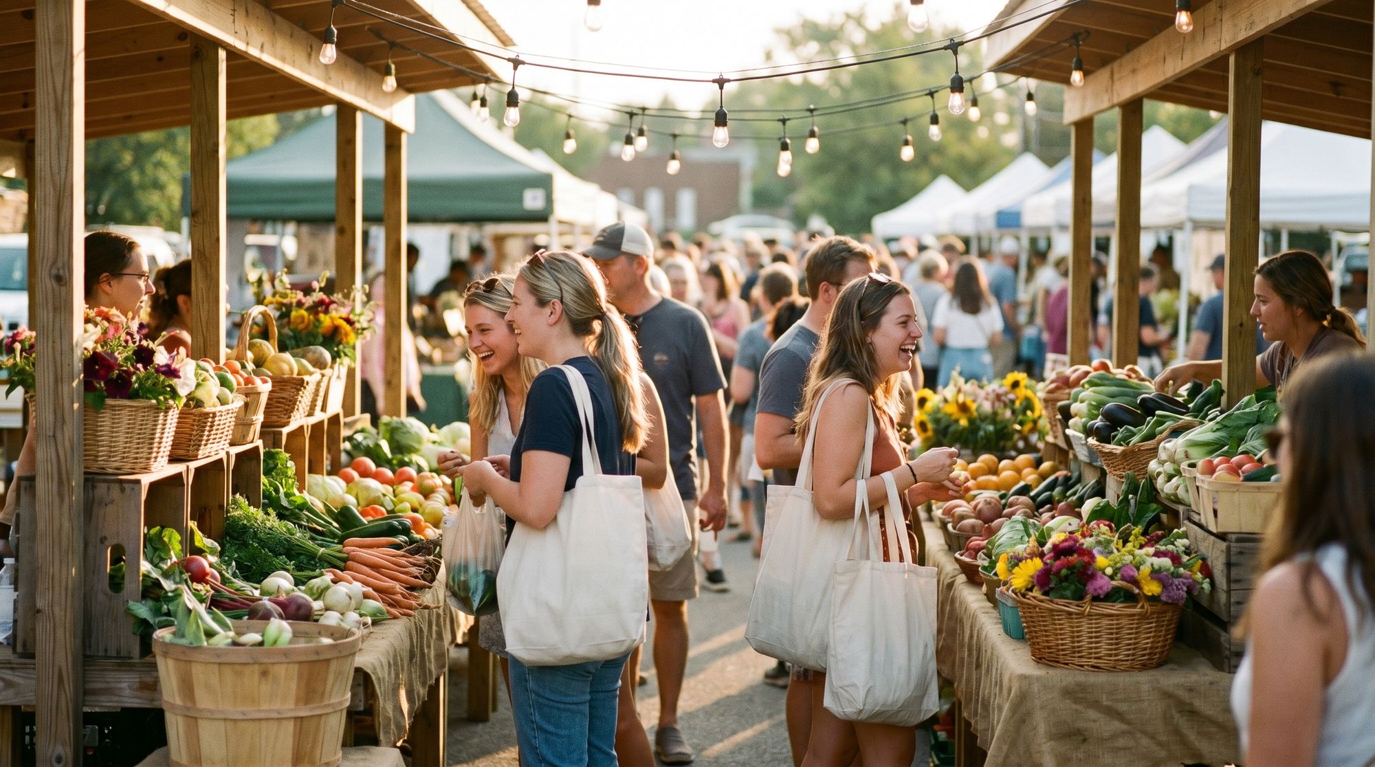 A bustling outdoor farmers market at golden hour with stalls of fresh produce