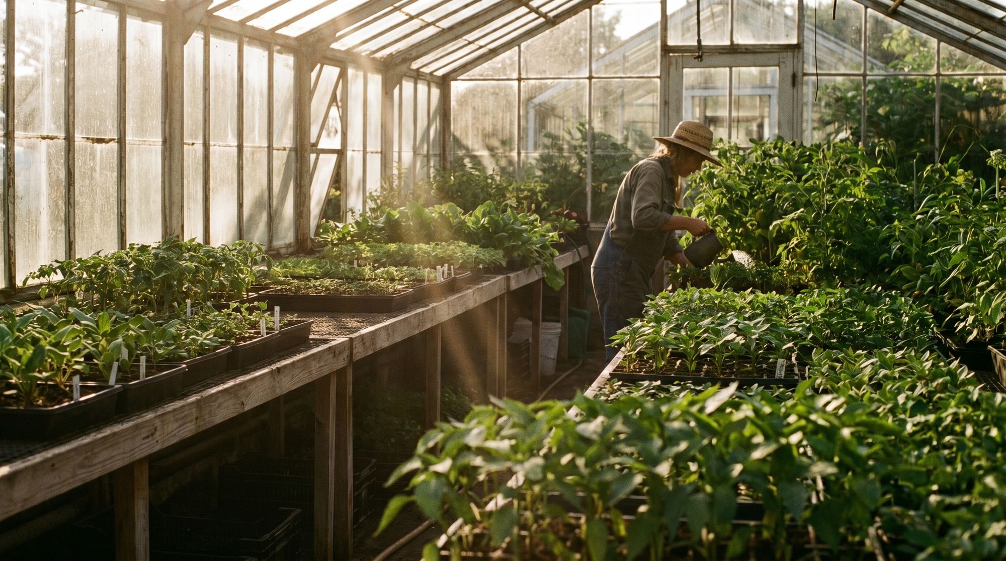 A sunlit greenhouse with rows of leafy greens and seedlings, a farmer tending plants